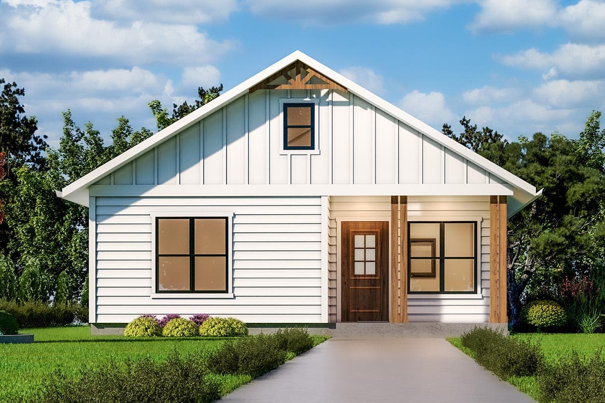 House plan exterior. Modern Farmhouse style with a single story, gable roof, and front porch with exposed posts.