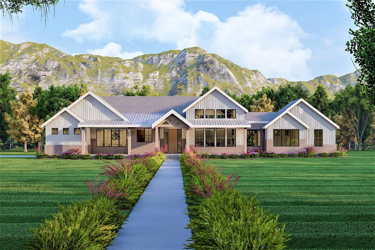 House plan exterior. Modern Farmhouse style with gabled rooflines, covered porch, and brick facade on a single-story design.