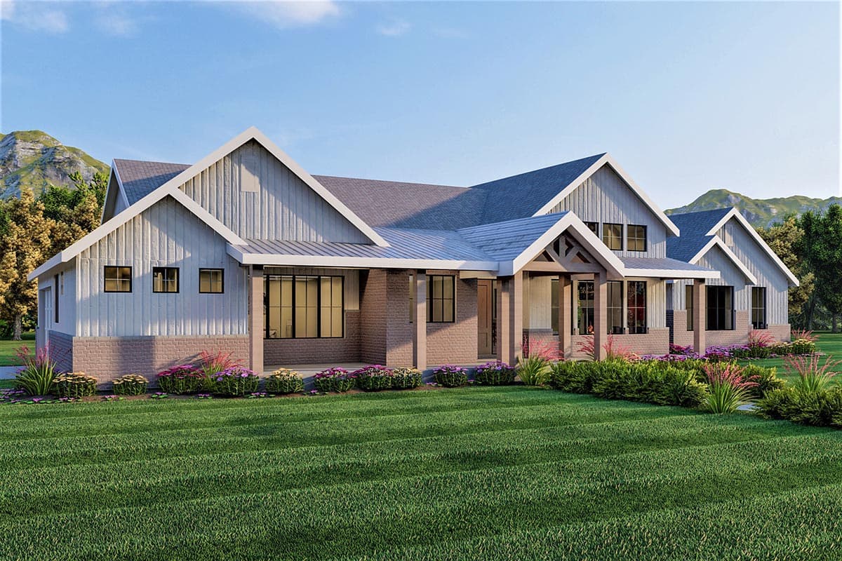 Modern Farmhouse house plan exterior, one story, with gable roofs, board and batten siding, brick accents, and covered front porch with exposed beams.