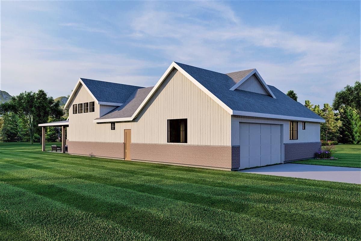 House plan exterior rendering with gable dormers, covered porch, and attached garage. Modern farmhouse style.