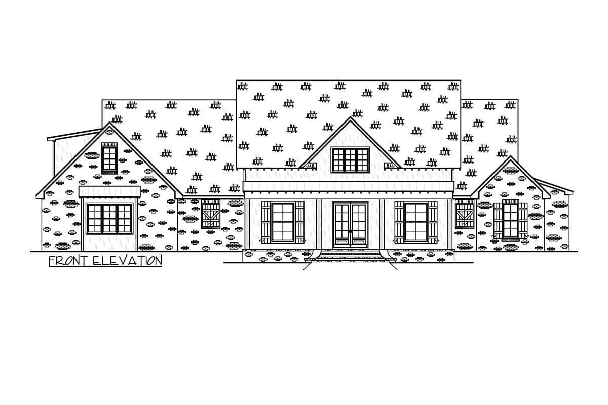 Front elevation house plan drawing with gables, dormers, stone accents, and a covered porch with double doors.