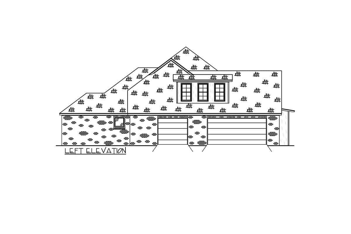 Left elevation drawing of a house plan featuring a gabled roofline, dormer windows, and a two-car garage.