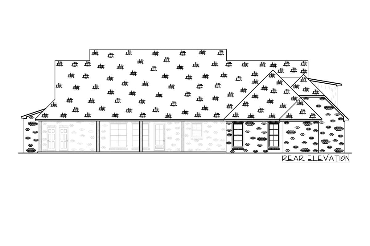 Rear elevation house plan drawing showing a multi-gabled roofline, brick facade, and various window styles.