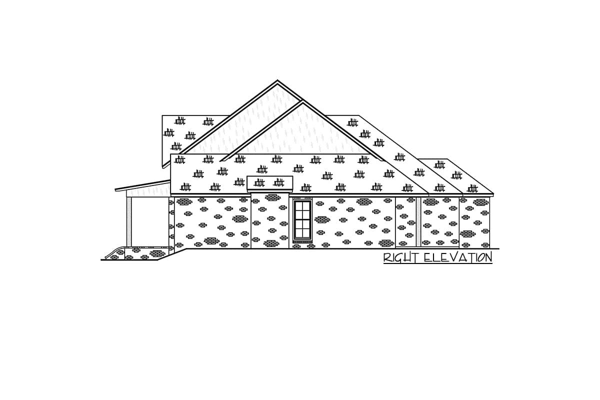 Right elevation house plan drawing with a multi-gable roof, brick facade, and a single window.