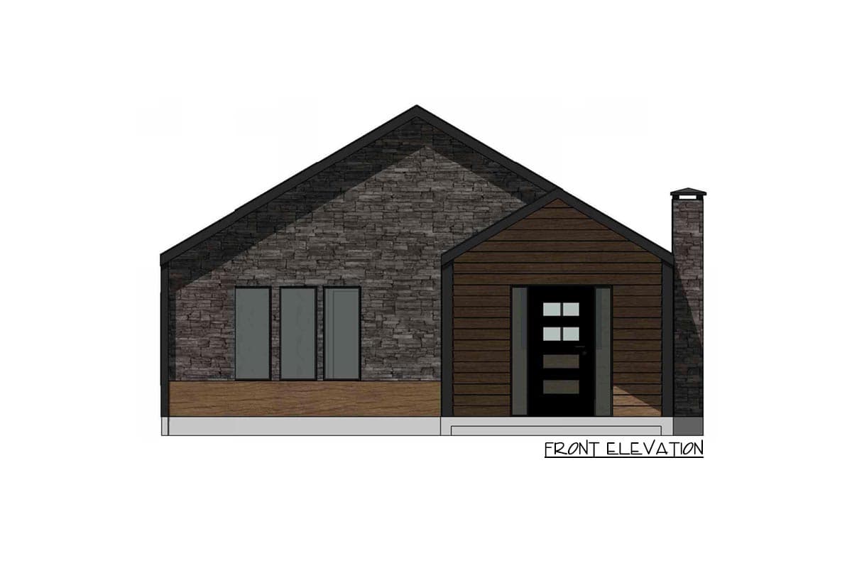 Front elevation drawing of a one-story house with stone and wood siding, three windows, and a chimney.