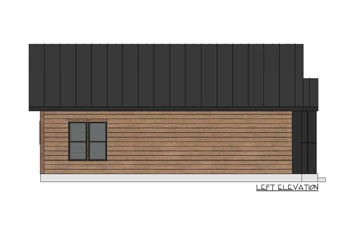 Left elevation house plan with horizontal wood siding, dark metal roof, and two windows.