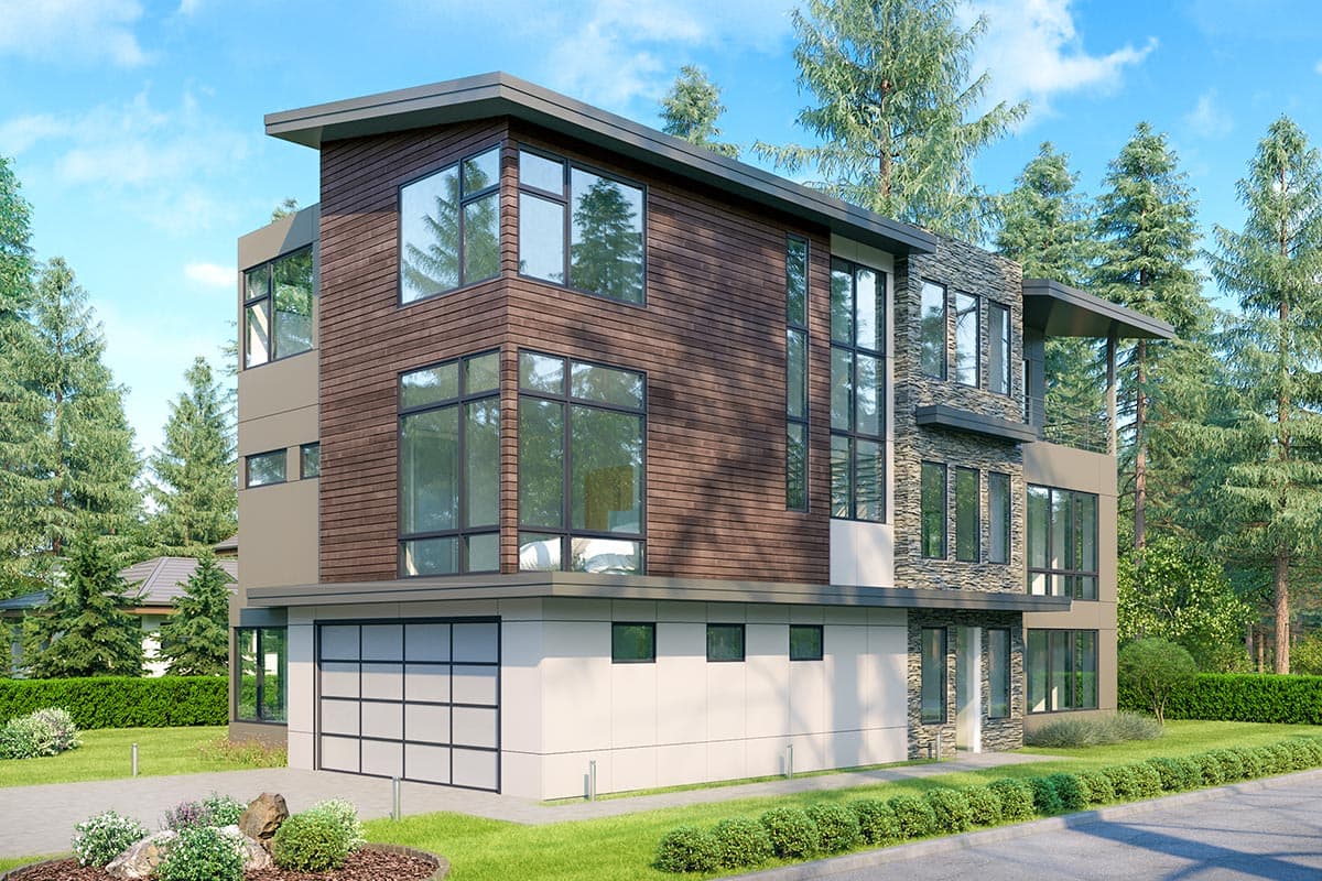 Modern house plan exterior with three stories. Features include a flat roof, large windows, wood siding, stone accents, and an integrated garage.