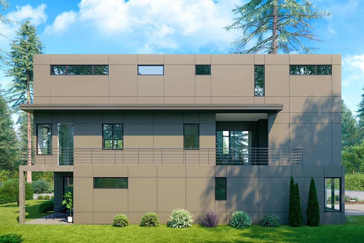 Modern two-story house plan exterior with balcony, large windows, and flat roof.