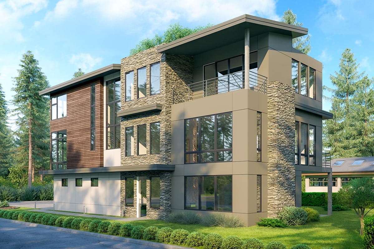Modern house plan exterior with stone and wood cladding, multiple levels, and a second-story balcony.
