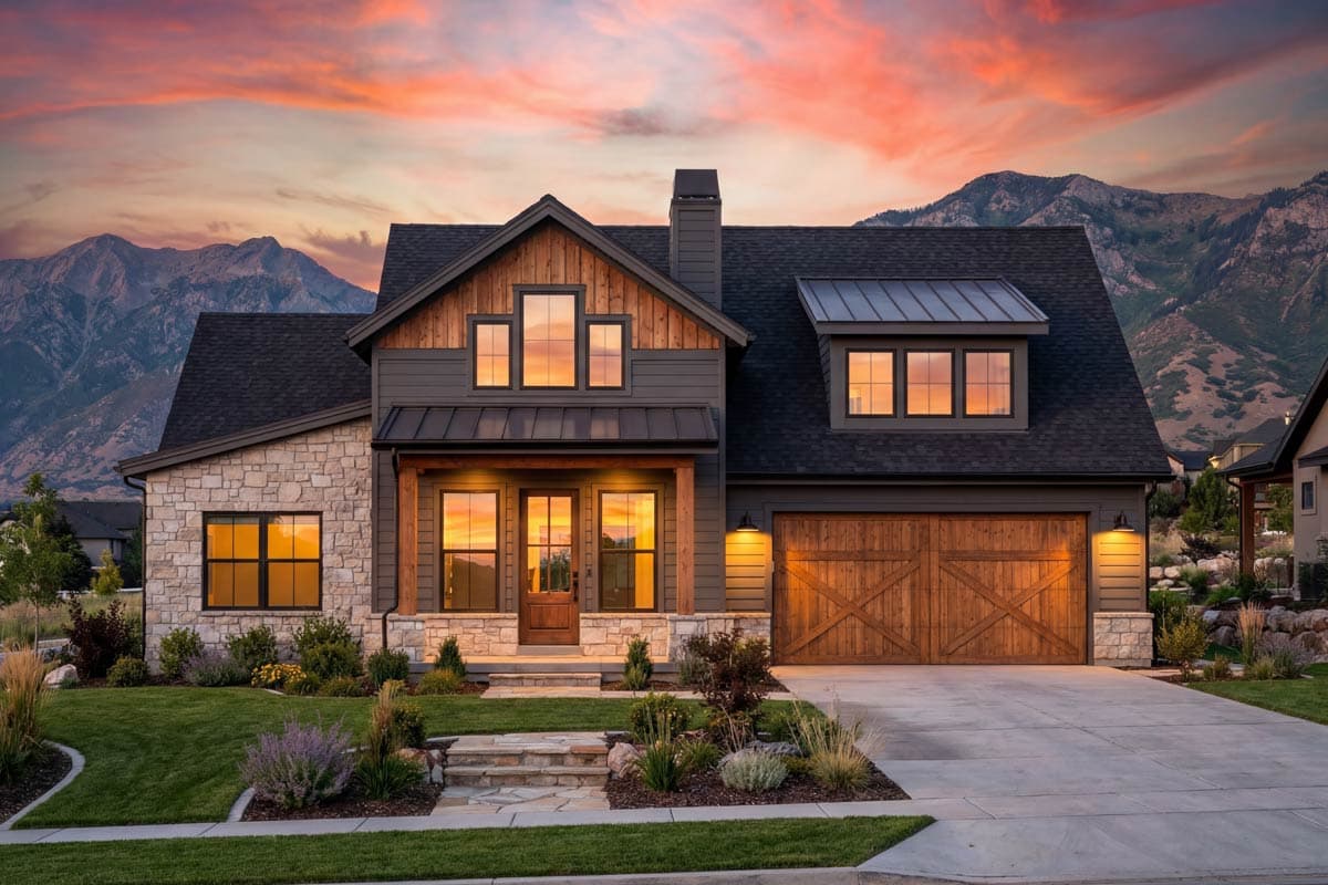 Modern Farmhouse house plan exterior with stone and wood siding, gable, dormer, and double garage doors.