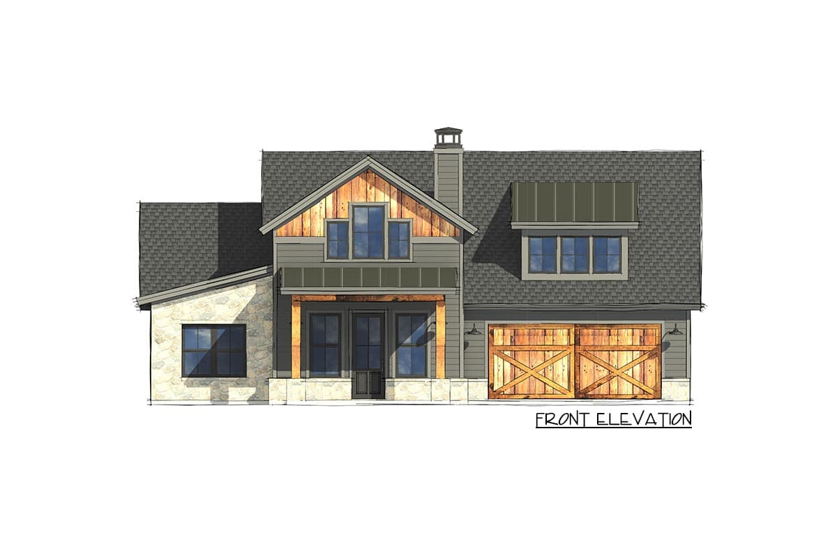 Front elevation drawing of a two-story house with stone and wood siding, gable roof, and a double barn-style garage door.