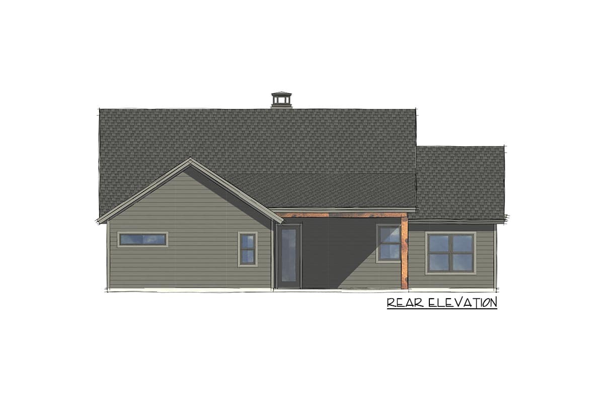 Rear elevation of a house plan with a steeply pitched gable roof, covered porch, and multiple windows.