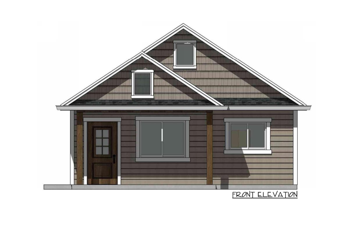 Front elevation drawing of a one-story house with a front porch, gable roof, and dormer window.
