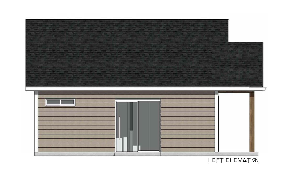 House plan left elevation: one story with horizontal siding, a small horizontal window, sliding glass door, and covered post.