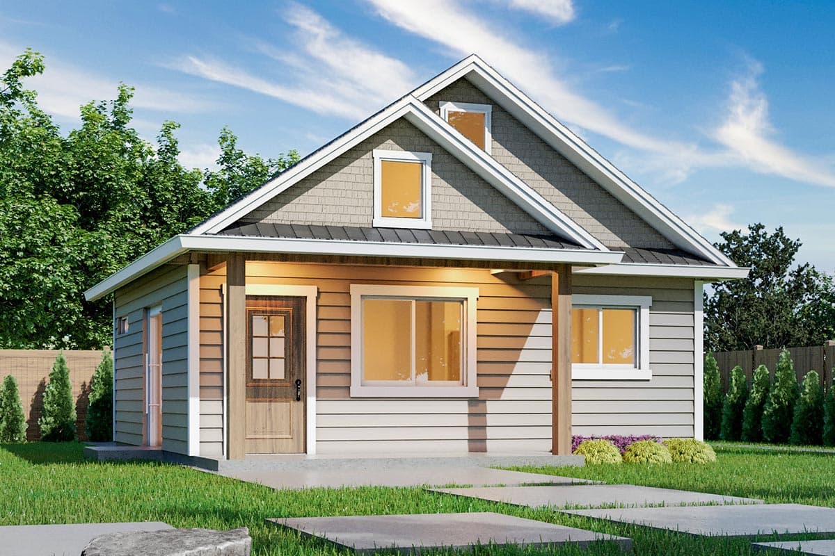 House plan exterior with gable roof, dormer, and covered porch. Features horizontal siding, exposed rafter tails, and a wood-paneled entry door.