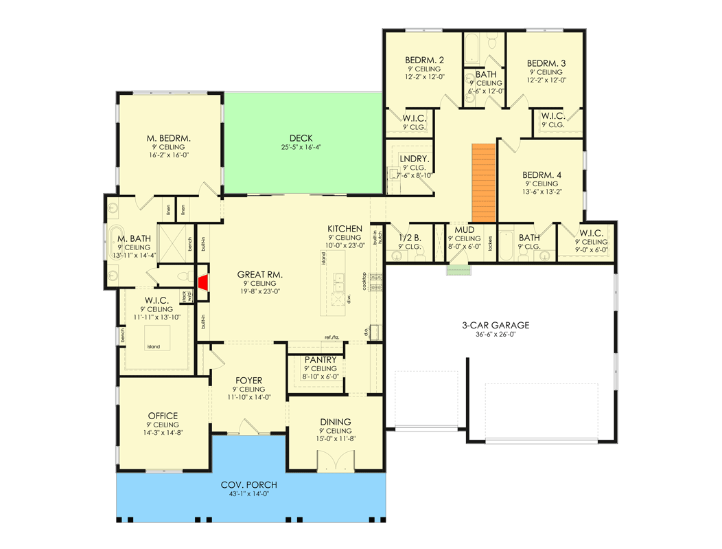 Plan 490035NAH: 4-bed Farmhouse-style House Plan with Home Office and Split Bed Layout - Floor Plan - Main Level - Country, Farmhouse, Hill Country, Modern Farmhouse, New American, Ranch, Traditional