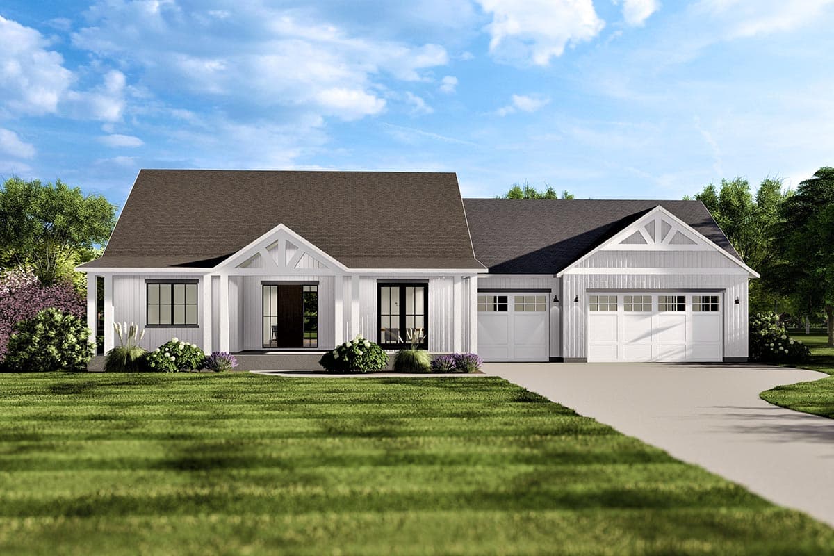 House plan exterior. Modern Farmhouse style with a gabled roof, front porch, and attached garage with a gable. Board and batten siding.