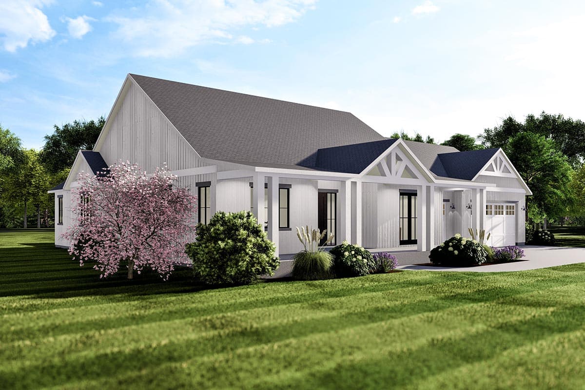 Modern Farmhouse house plan exterior with gables, covered porch, and side-entry garage.