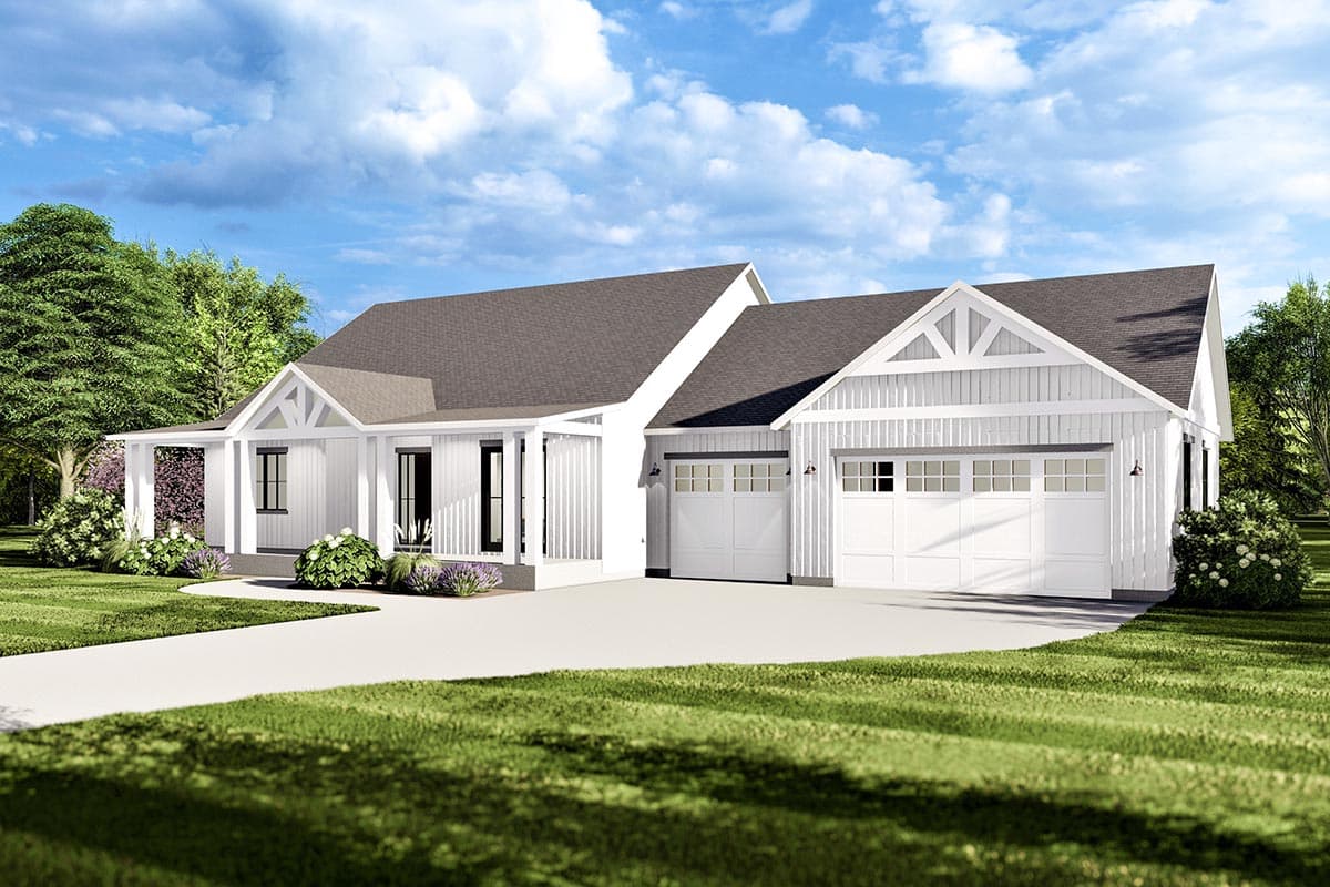 Modern Farmhouse style house plan exterior with covered porch, gables, and a three-car side-entry garage.