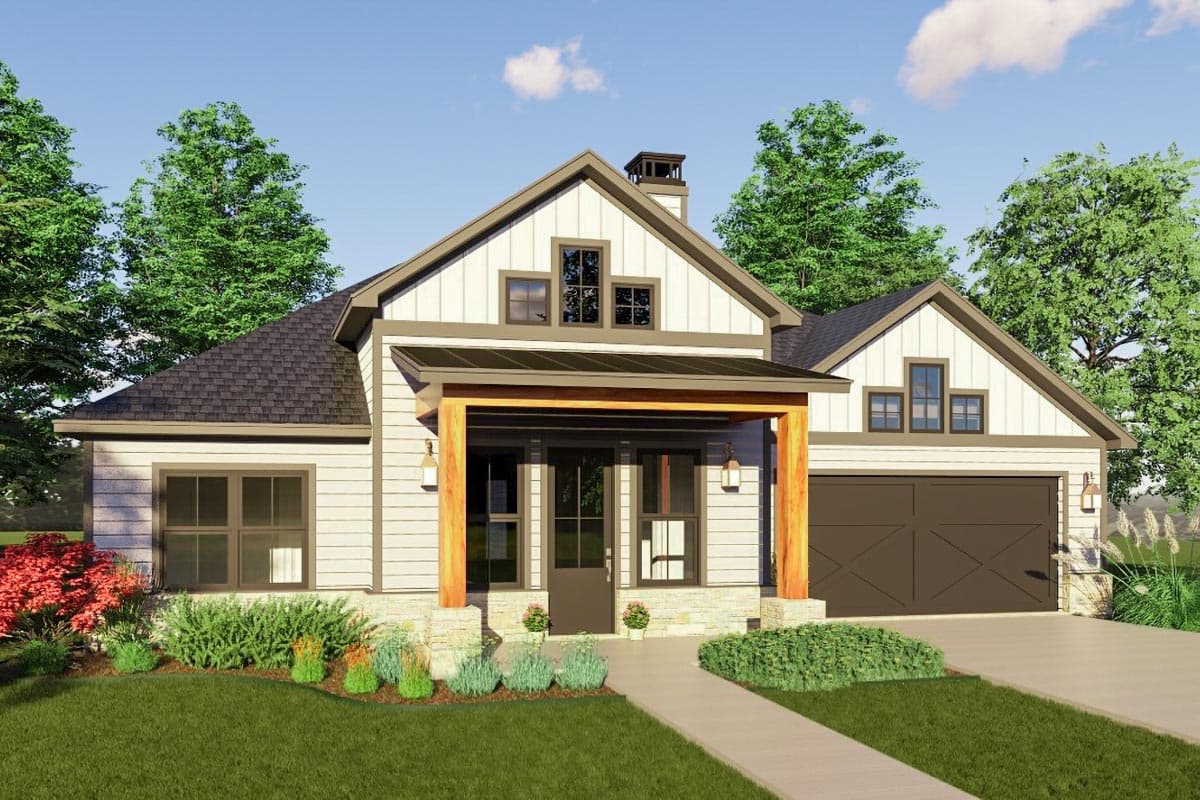 Modern Farmhouse house plan exterior with a covered porch, dormer windows, and a two-car garage.