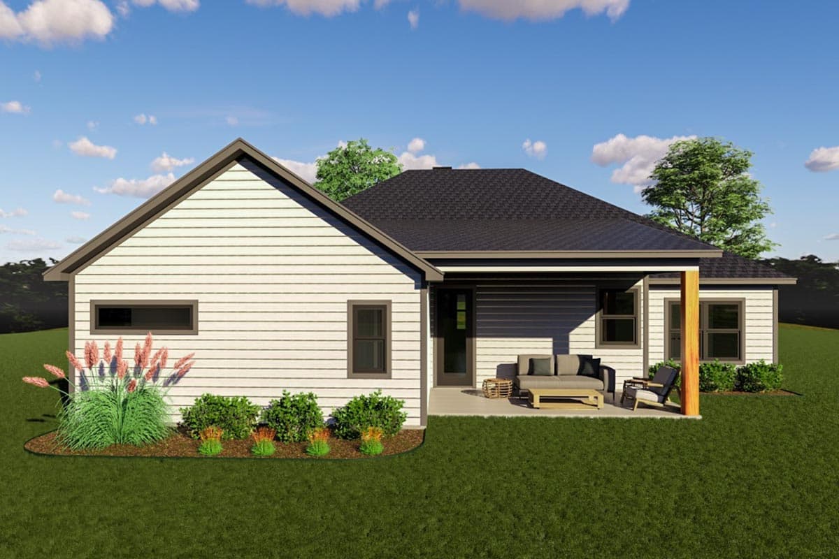 House plan exterior, one story, white horizontal siding, prominent gable end, covered patio with seating.