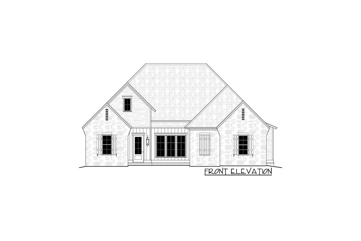 Front elevation drawing of a two-story house plan with a pitched roof, brick exterior, dormer, and covered entry.