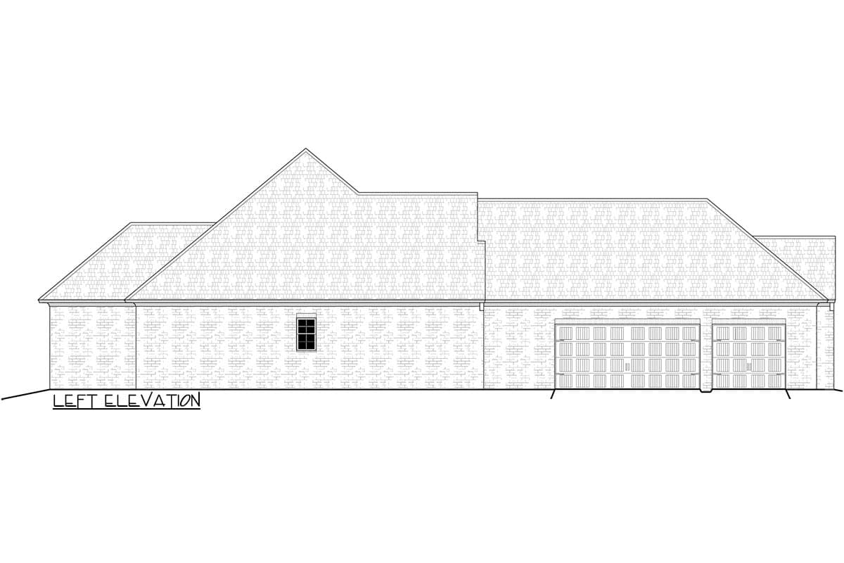 Left elevation drawing of a one-story house plan with a brick exterior, prominent gables, and a three-car garage.