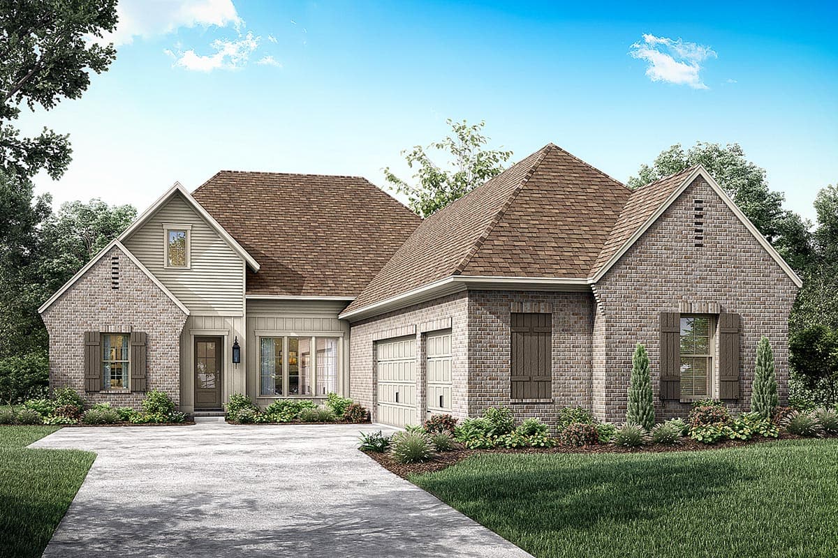 House plan exterior. Two-story, brick facade, gabled roof, and attached garage. Features include dormers, shutters, and a covered entry.