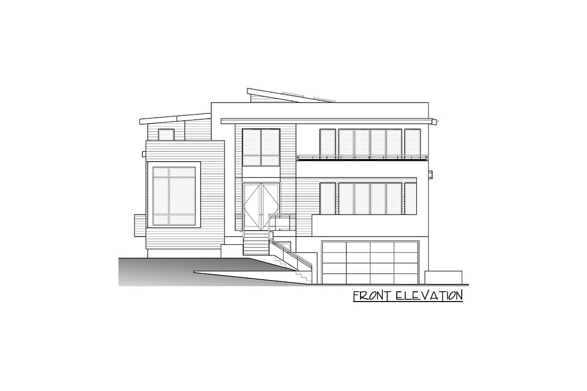 Front elevation drawing of a modern multi-story house with a garage, large windows, and a sloped roofline.