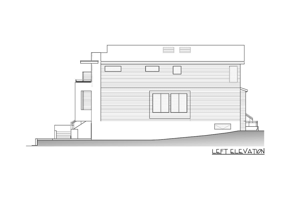 Left elevation drawing of a multi-story house plan with horizontal siding, multiple windows, and a balcony.