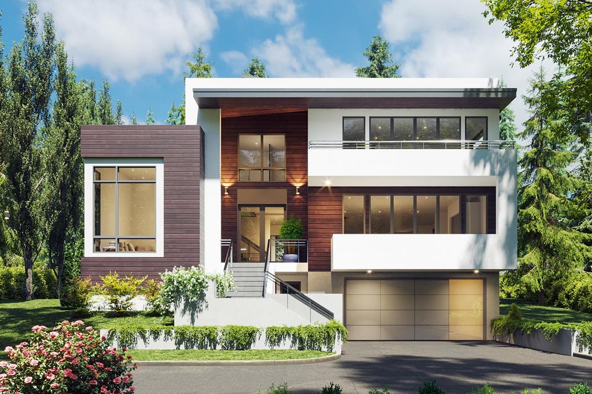 House plan exterior. Modern style, two-story home with wood siding and flat roof. Features include an attached garage and balcony.