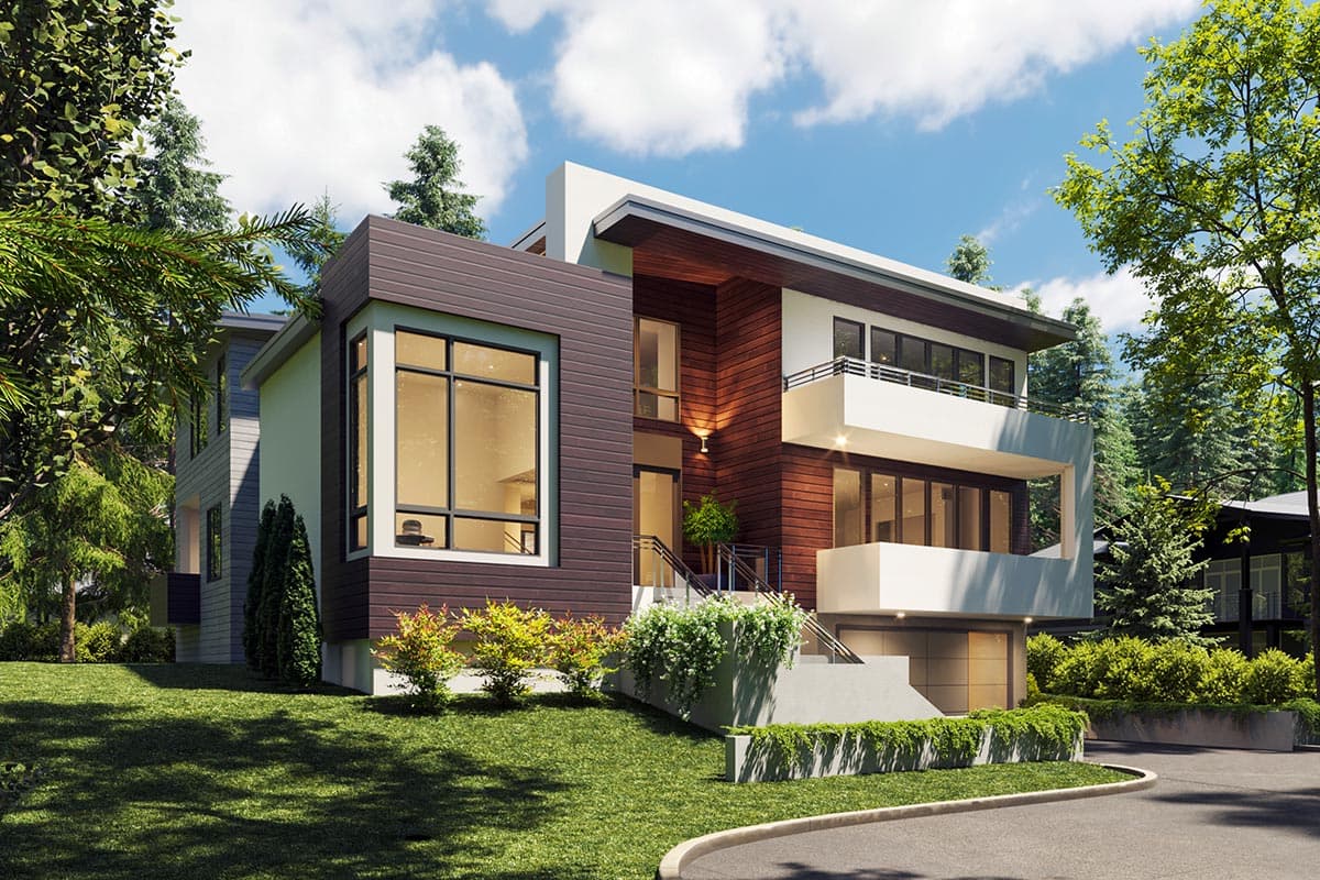 House plan exterior of a modern, two-story home with wood siding, a cantilevered second-story balcony, and a multi-panel garage door.