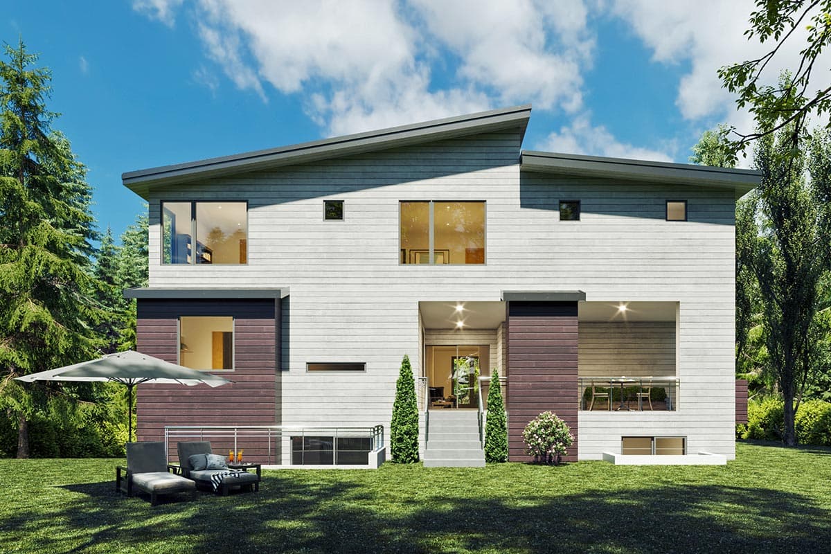 Modern house plan exterior featuring asymmetric gables, horizontal siding, and a covered entry with stairs.