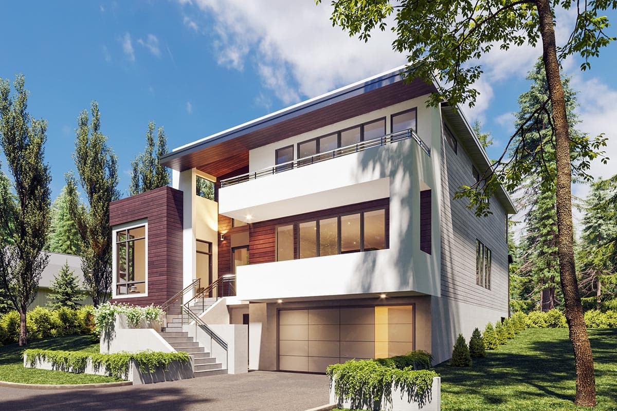 Modern house plan exterior with layered balconies, large windows, wood siding, and attached garage.