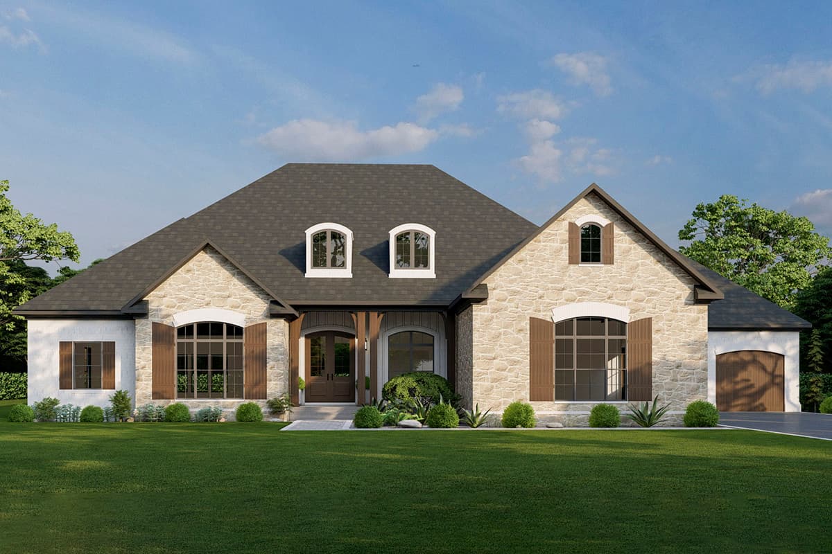 House plan exterior with stone facade, two-story gabled roof, arched windows, and a garage.