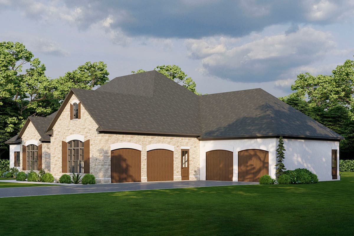 House plan exterior: French Provincial style, one story, stone facade, arched multi-car garage, and gabled dormer.