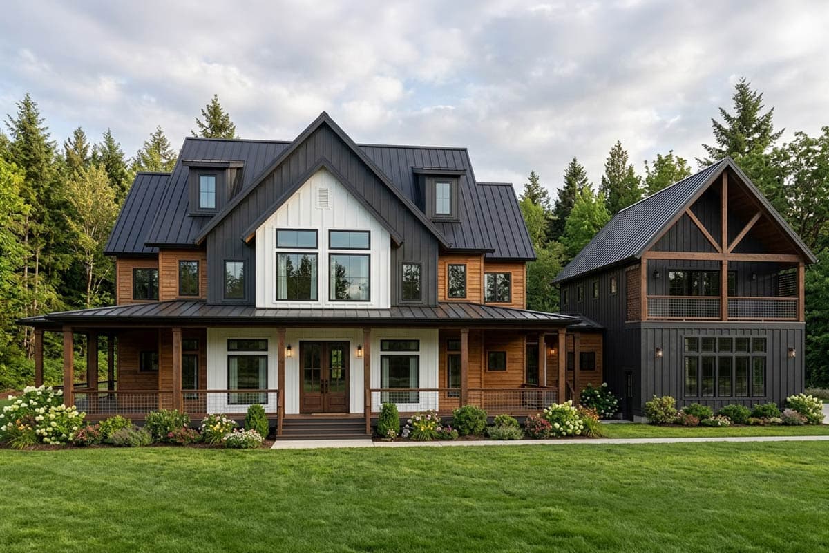 Modern Farmhouse house plan exterior: two stories, wraparound porch, prominent gables, and a covered upper balcony.