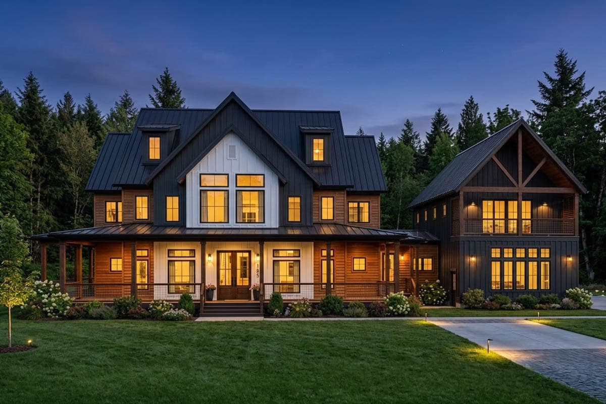 Modern Farmhouse house plan exterior with metal roof, exposed wood beams, wraparound porch, and multiple gables.