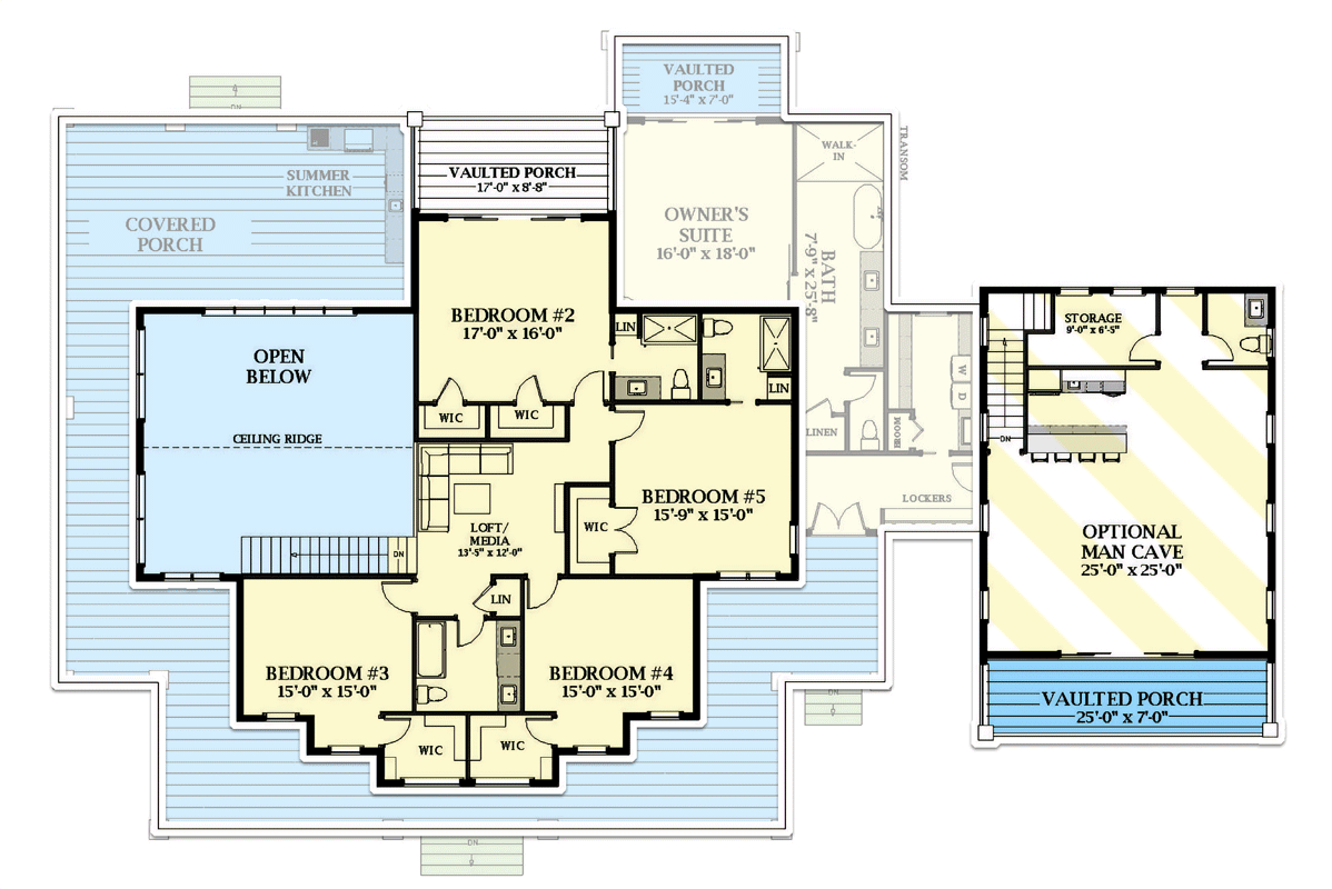 Plan 46466LA: 5-Bed Modern Farmhouse Plan with Wraparound Porch and Optional Man Cave - 4676 Sq Ft - Floor Plan - 2nd Floor - Country, Craftsman, Farmhouse, Modern Farmhouse, New American, Traditional