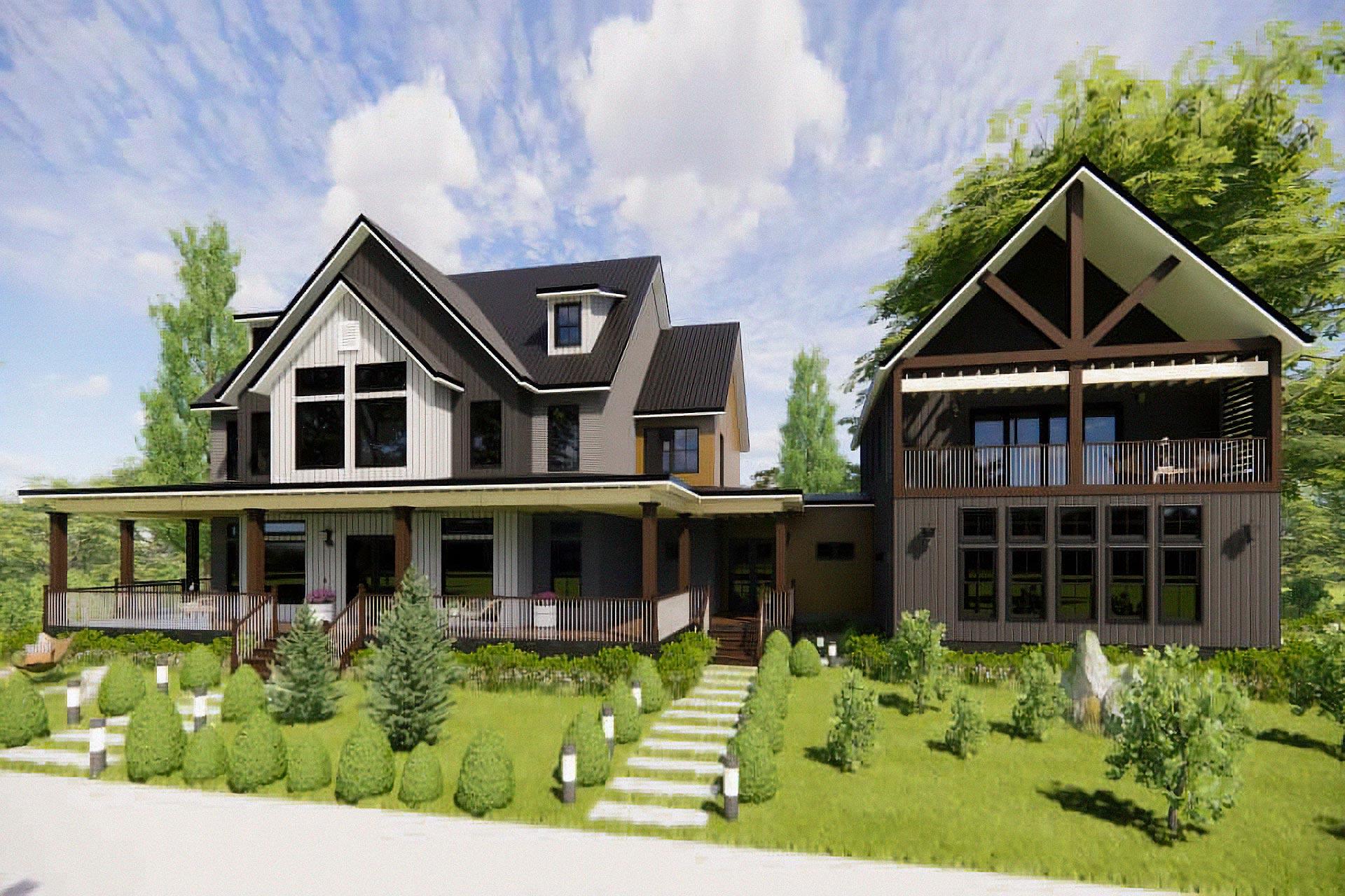 Modern Farmhouse house plan exterior: two stories, wraparound porch, prominent gables, and a covered upper balcony.