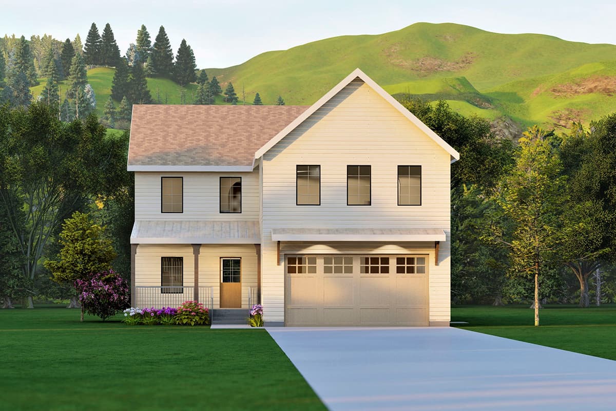 Two-story Modern Farmhouse plan exterior with gabled roof, porch, and attached garage.