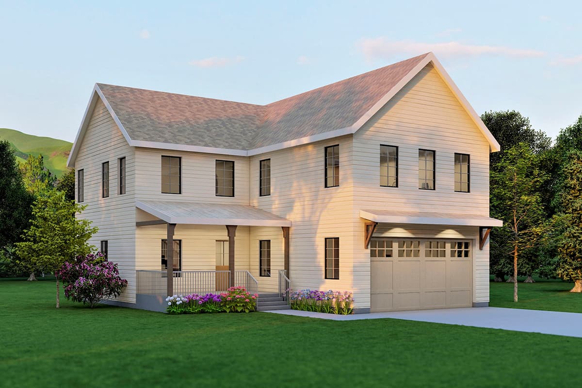 House plan exterior. Two-story, farmhouse style home with porch, gables, and attached garage. Includes a covered front entrance and dormer detail.