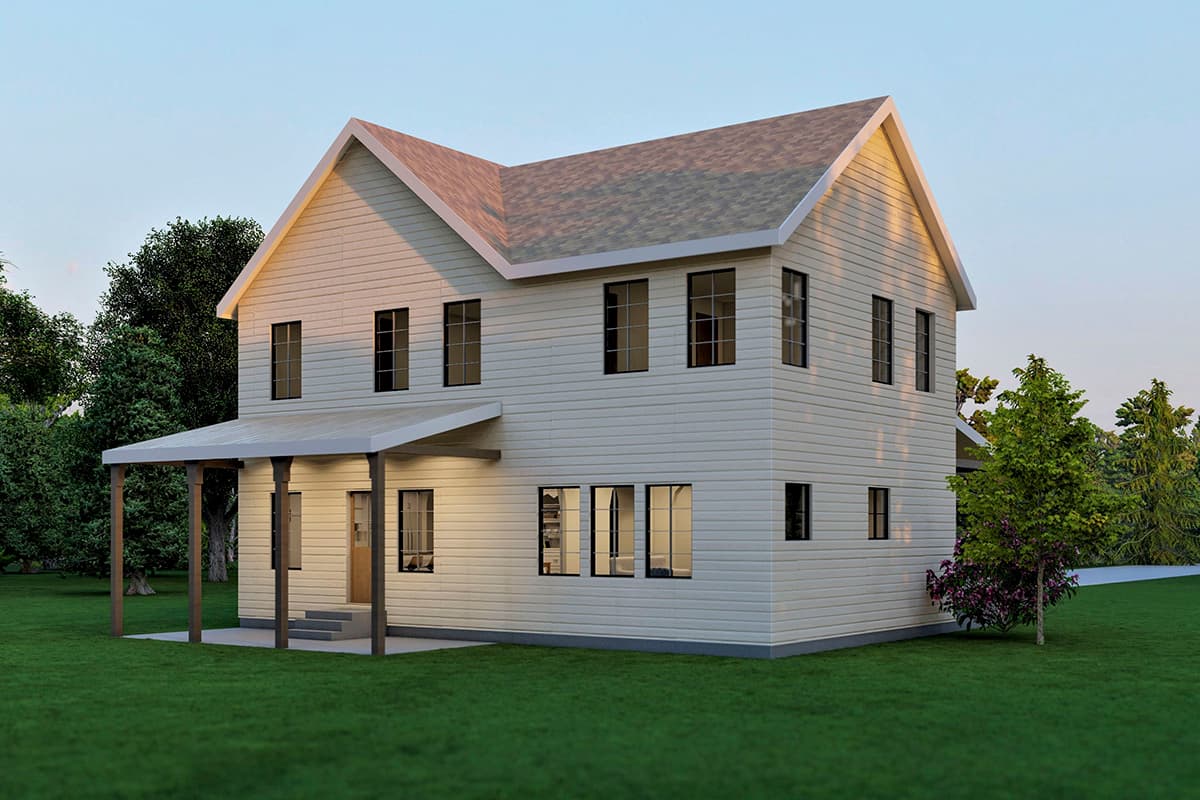 Two-story house plan exterior with gabled roof, covered front porch, and vinyl siding.