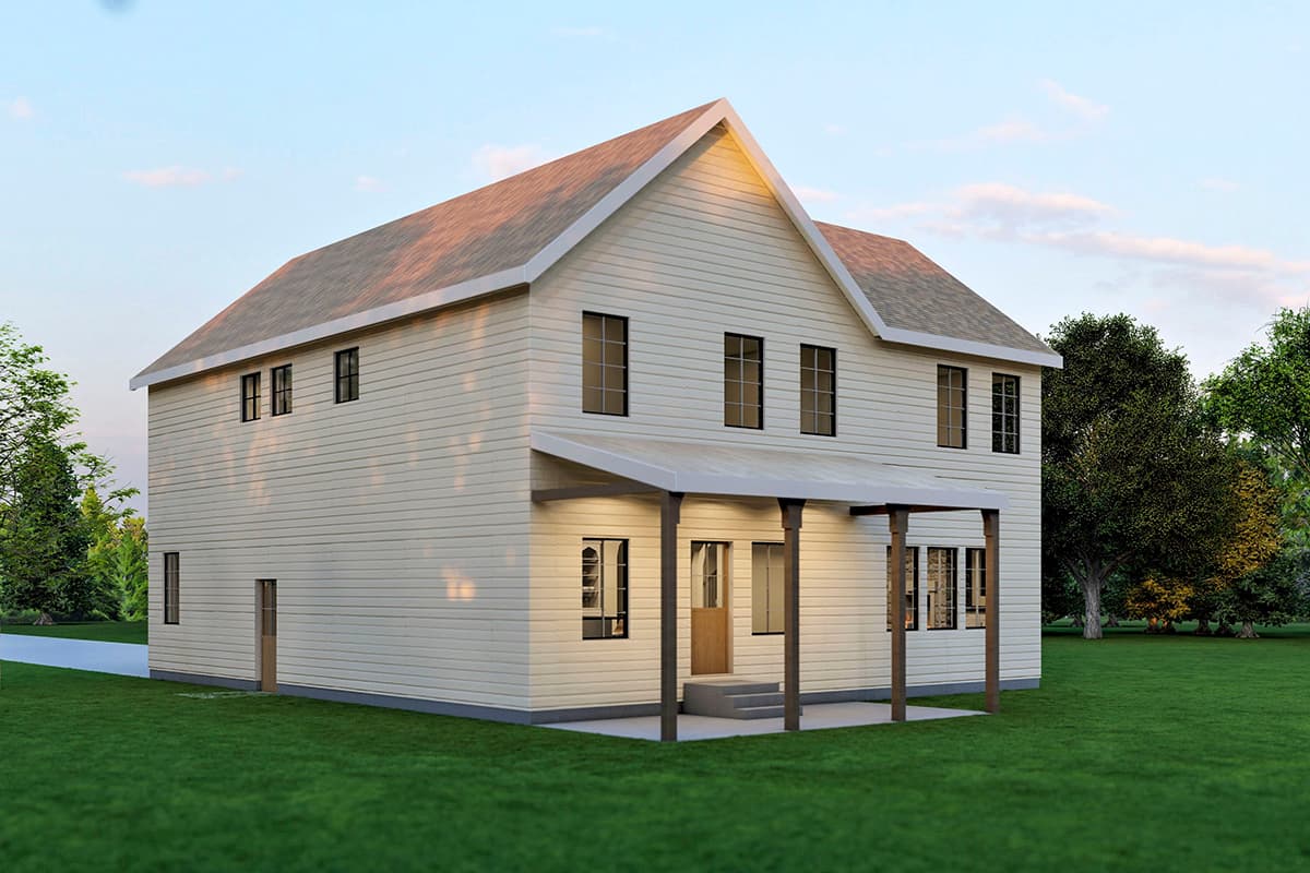 Two-story house plan exterior with a prominent gable, simple porch, and horizontal siding.