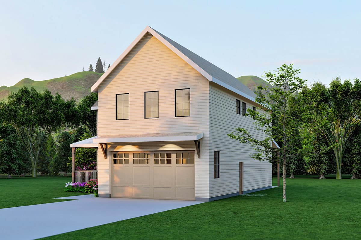 House plan exterior: two-story Modern Farmhouse with gable roof, front-facing garage, and covered porch.