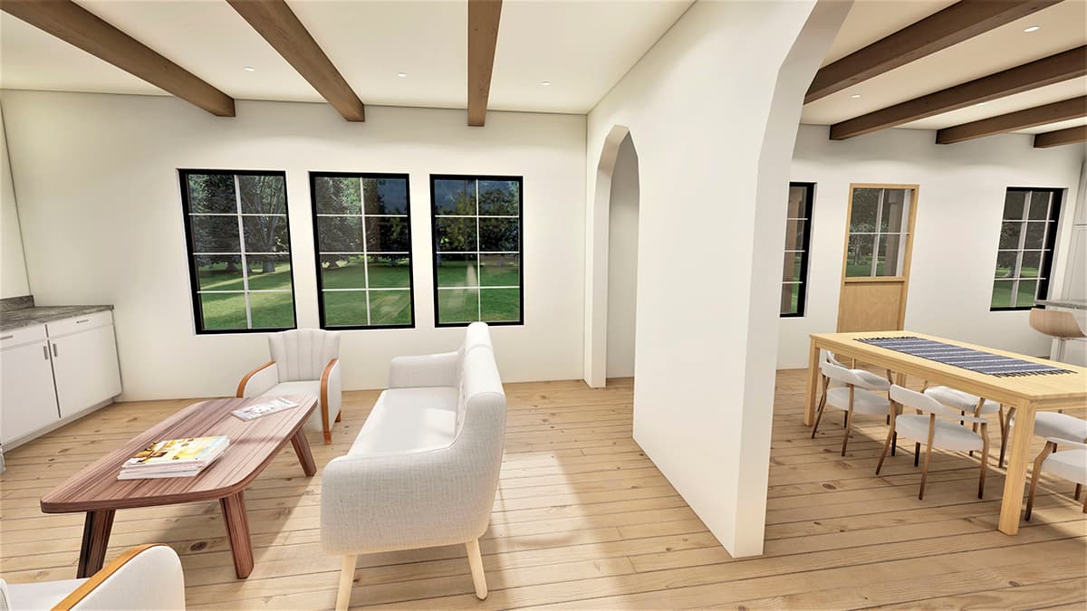 Interior rendering of a living area with wood beams, large windows, and an adjacent dining area with a table and chairs.