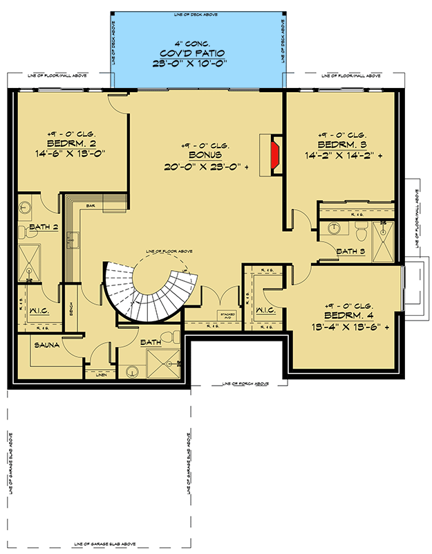 Plan 666173RAF: Mid-Century Modern House Plan with Home Office for a Rear-Sloping Lot - 3619 Sq Ft - Floor Plan - Lower Level - Contemporary, Mid Century Modern, Modern, Northwest