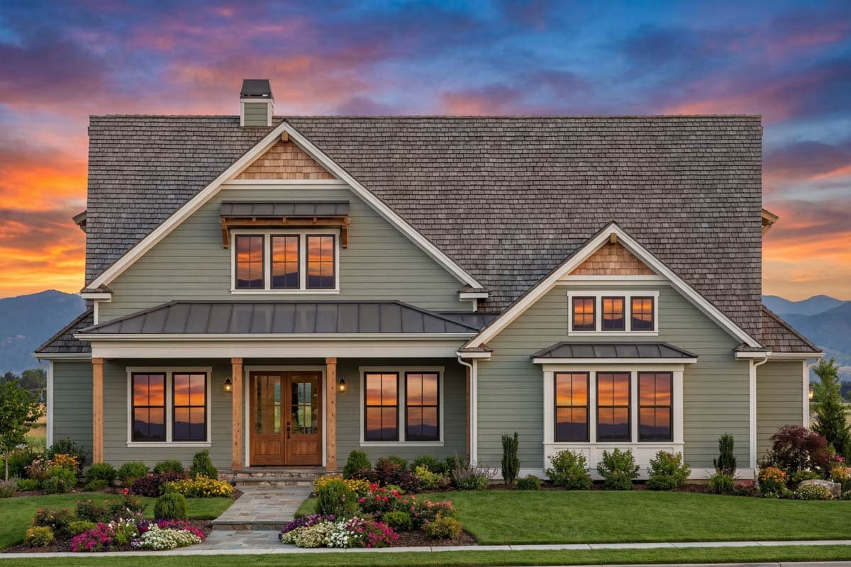 Modern Farmhouse house plan exterior with double entry doors, gables, and a metal roof.