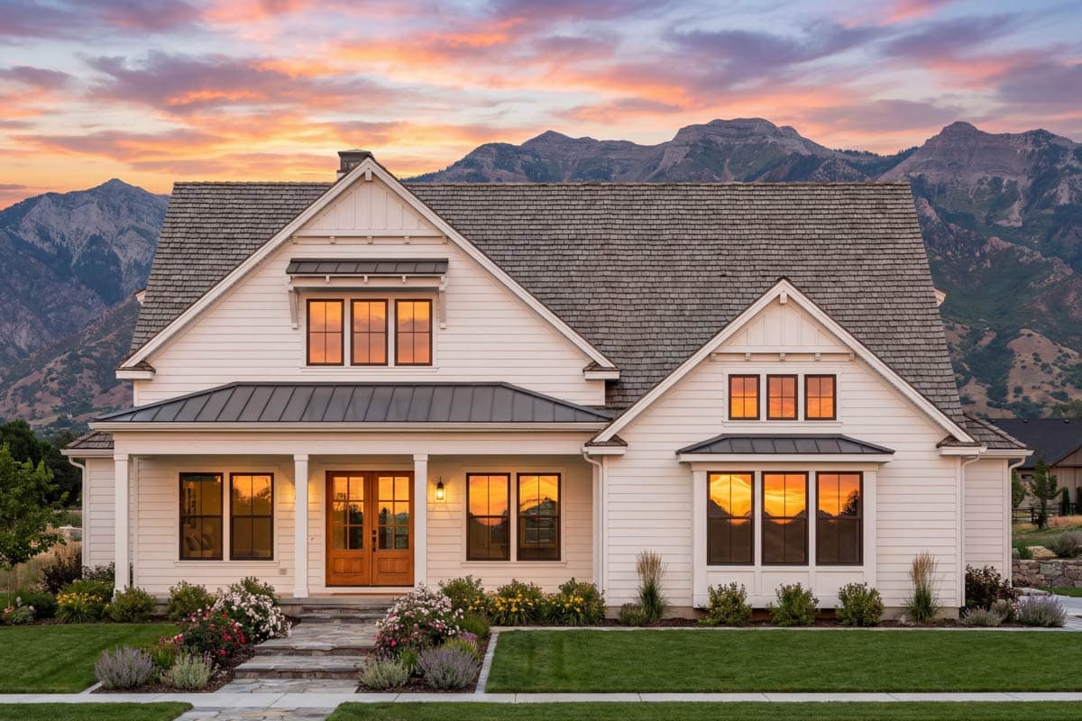 Modern Farmhouse house plan exterior with gables, dormers, a metal roof, and a covered entry porch.