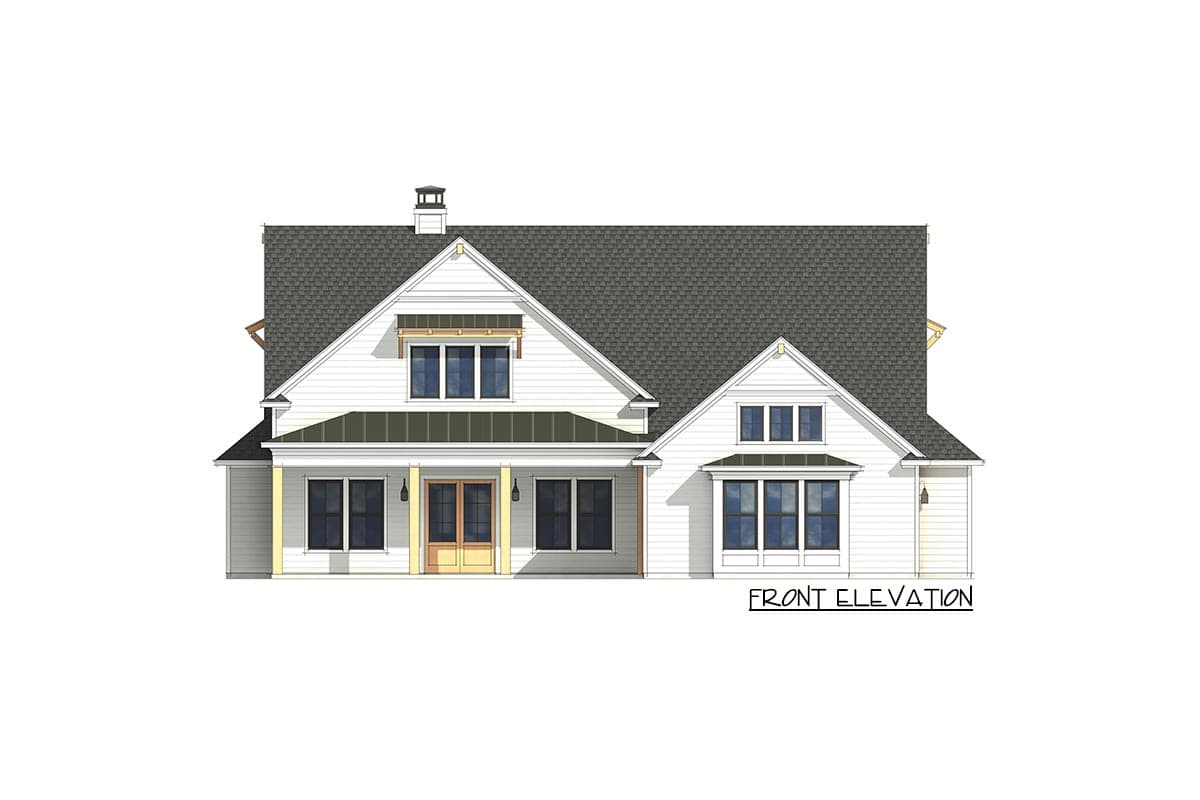 Front elevation drawing of a two-story Modern Farmhouse with a covered porch, gables, dormers, and a bay window.